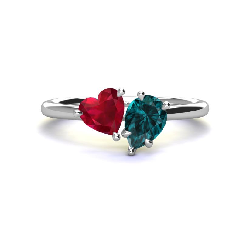 Sasha Heart Shape Lab Created Ruby & Pear Shape London Blue Topaz 2 Stone Duo Ring 
