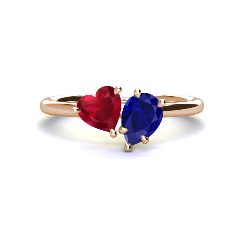 Sasha Heart & Pear Shape Created Ruby & Created Blue Sapphire 2 Stone Duo Ring 