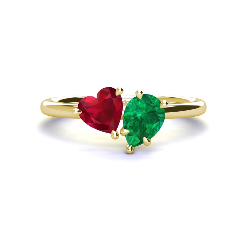Sasha Heart & Pear Shape Created Ruby & Created Emerald 2 Stone Duo Ring 