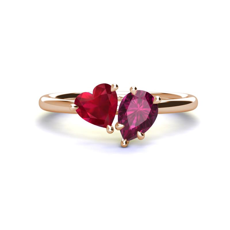 Sasha Heart Shape Lab Created Ruby & Pear Shape Rhodolite Garnet 2 Stone Duo Ring 