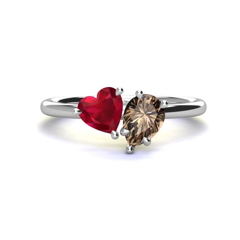 Sasha Heart Shape Lab Created Ruby & Pear Shape Smoky Quartz 2 Stone Duo Ring 