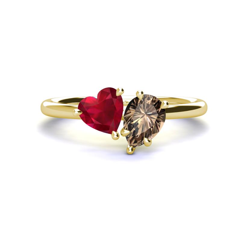 Sasha Heart Shape Lab Created Ruby & Pear Shape Smoky Quartz 2 Stone Duo Ring 