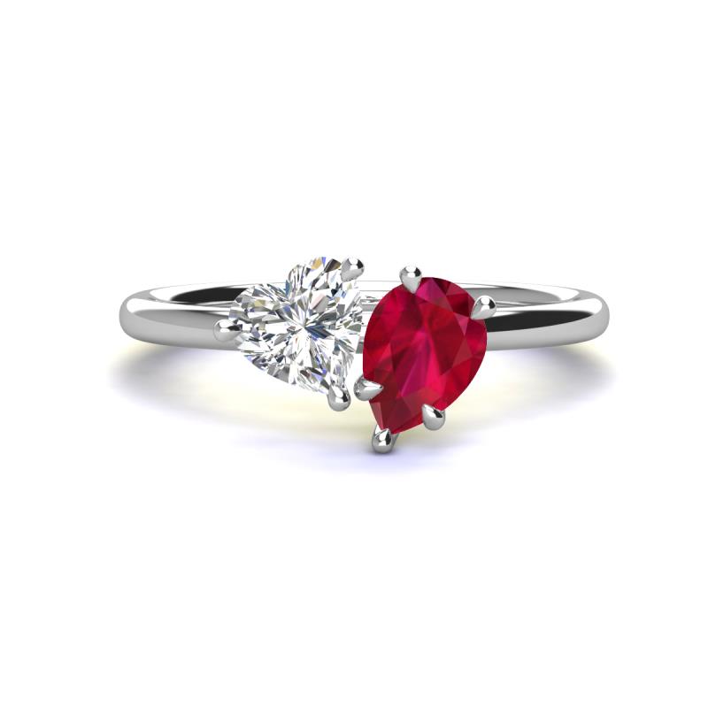 Sasha GIA Certified Heart Shape Diamond & Pear Shape Lab Created Ruby 2 Stone Duo Ring 