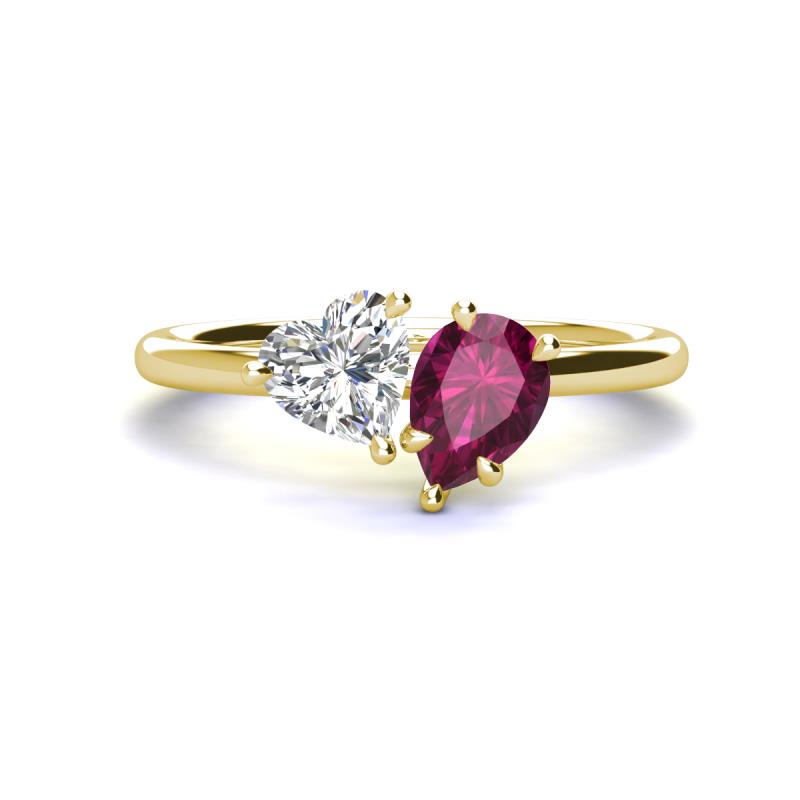 Sasha GIA Certified Heart Shape Diamond & Pear Shape Rhodolite Garnet Stone Duo Ring 