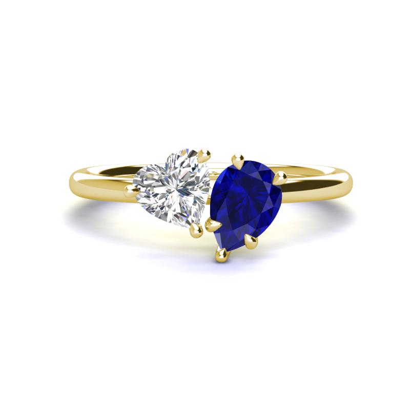 Sasha GIA Certified Heart Shape Diamond & Pear Shape Lab Created Blue Sapphire 2 Stone Duo Ring 
