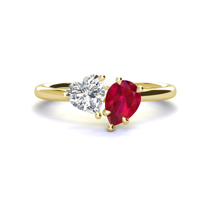 Sasha GIA Certified Heart Shape Diamond & Pear Shape Lab Created Ruby 2 Stone Duo Ring 