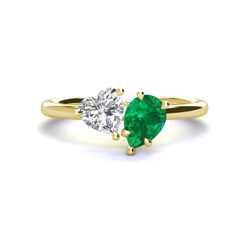 Sasha GIA Certified Heart Shape Diamond & Pear Shape Lab Created Emerald 2 Stone Duo Ring 