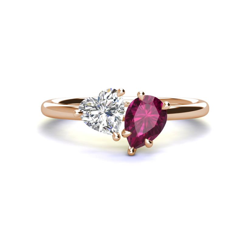 Sasha GIA Certified Heart Shape Diamond & Pear Shape Rhodolite Garnet Stone Duo Ring 