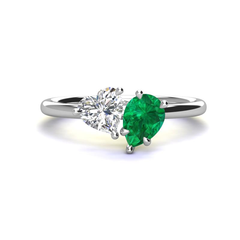 Sasha IGI Certified Heart Shape Lab Grown Diamond & Pear Shape Lab Created Emerald 2 Stone Duo Ring 