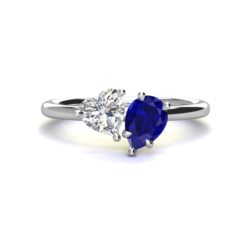 Sasha IGI Certified Heart Shape Lab Grown Diamond & Pear Shape Lab Created Blue Sapphire 2 Stone Duo Ring 