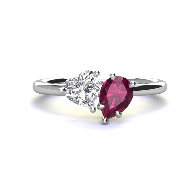 Sasha Heart Shape Forever One Moissanite & Pear Shape Rhodolite Garnet 2 Stone Duo Ring 