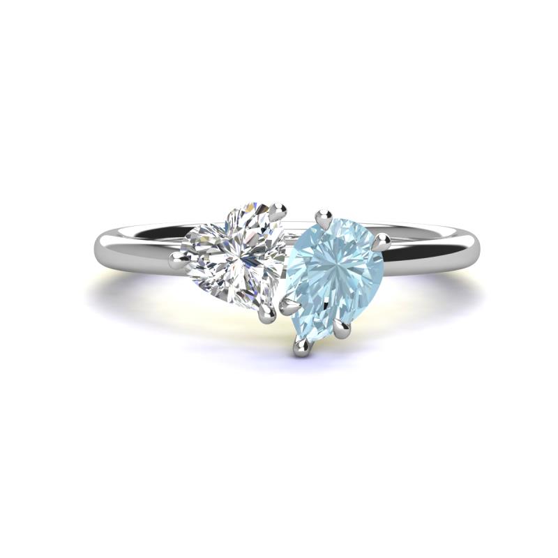 Sasha Heart Shape Forever One Moissanite & Pear Shape Aquamarine 2 Stone Duo Ring 