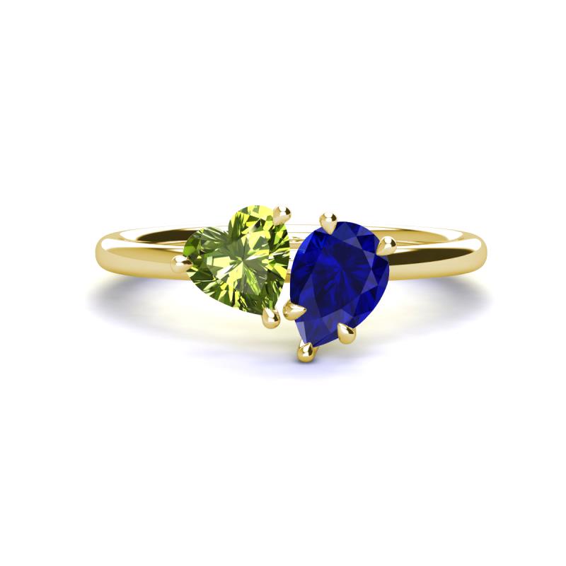 Sasha Heart Shape Peridot & Pear Shape Lab Created Blue Sapphire 2 Stone Duo Ring 