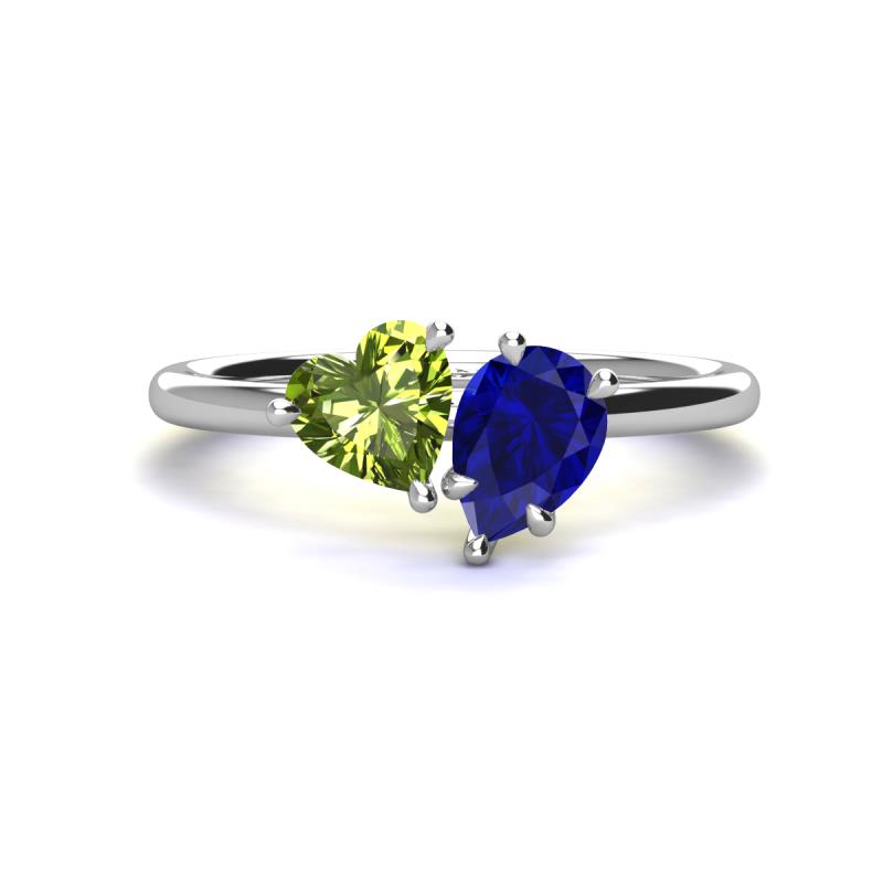 Sasha Heart Shape Peridot & Pear Shape Lab Created Blue Sapphire 2 Stone Duo Ring 
