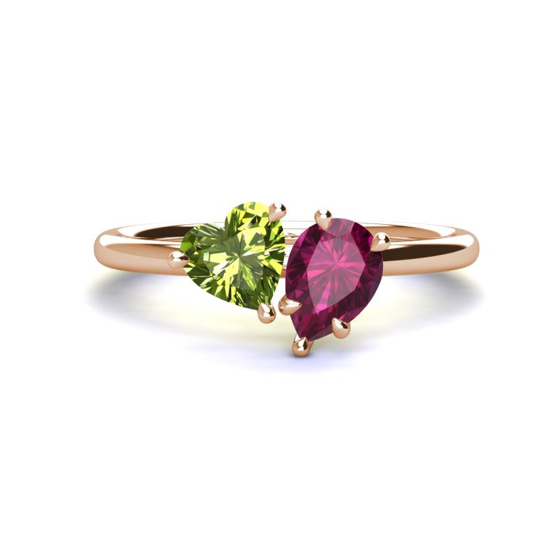 Sasha Heart Shape Peridot & Pear Shape Rhodolite Garnet 2 Stone Duo Ring 