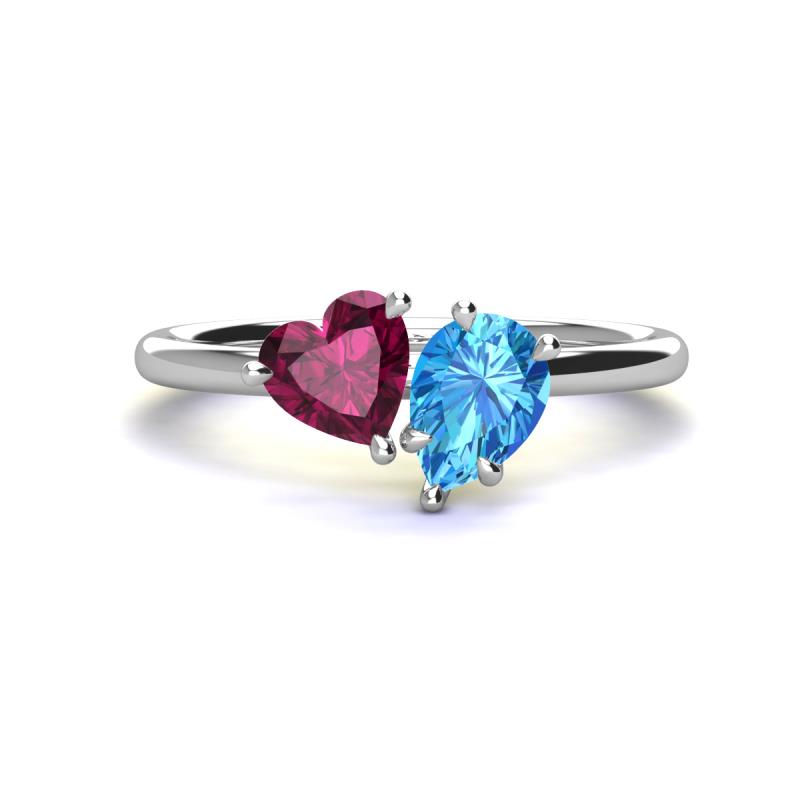Sasha Heart Shape Rhodolite Garnet & Pear Shape Blue Topaz 2 Stone Duo Ring 