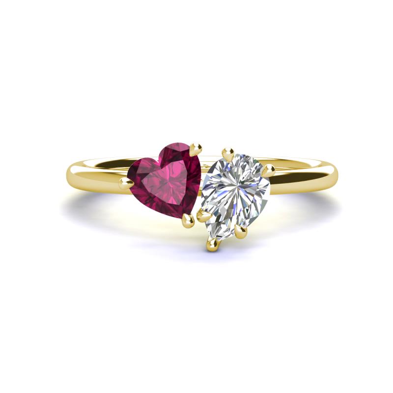 Sasha IGI Certified Pear Shape Lab Grown Diamond & Heart Shape Rhodolite Garnet 2 Stone Duo Ring 