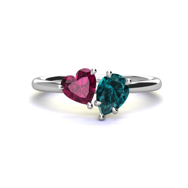 Sasha Heart Shape Rhodolite Garnet & Pear Shape London Blue Topaz 2 Stone Duo Ring 