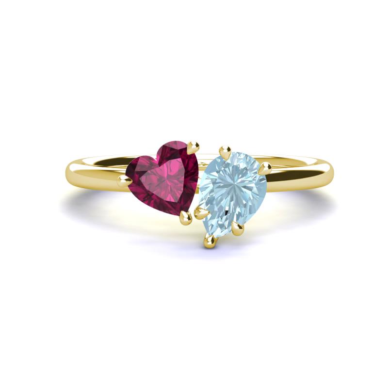 Sasha Heart Shape Rhodolite Garnet & Pear Shape Aquamarine 2 Stone Duo Ring 