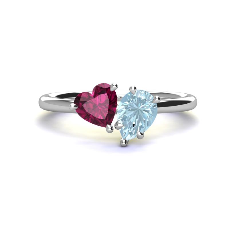 Sasha Heart Shape Rhodolite Garnet & Pear Shape Aquamarine 2 Stone Duo Ring 