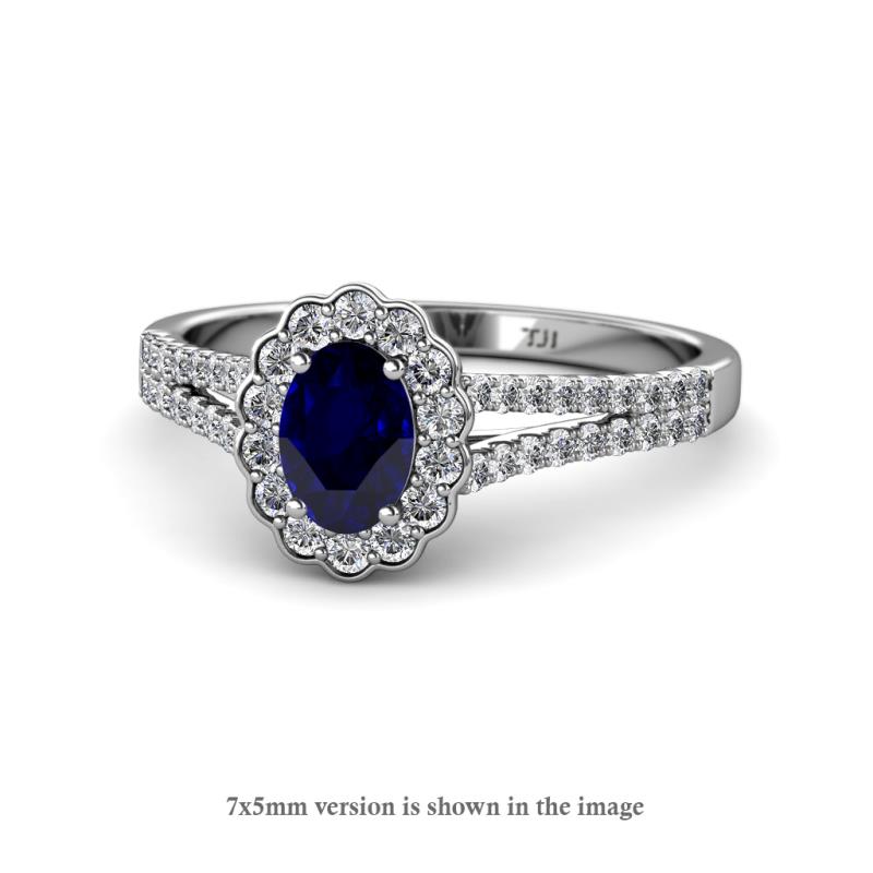 Raisa Desire Oval Shape Blue Sapphire and Round Lab Grown Diamond Halo Engagement Ring 