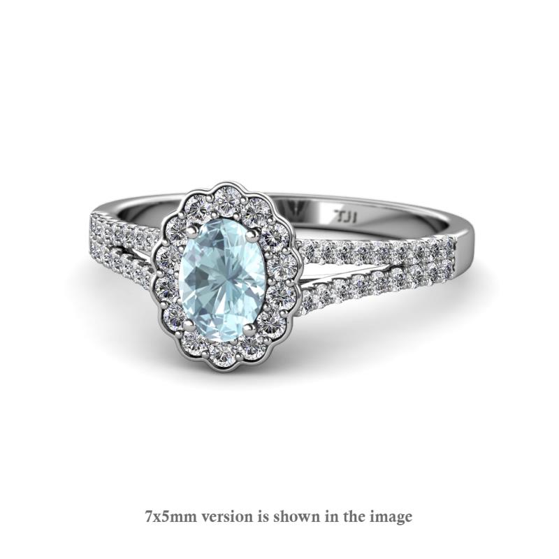 Raisa Desire Oval Shape Aquamarine and Round Diamond Halo Engagement Ring 