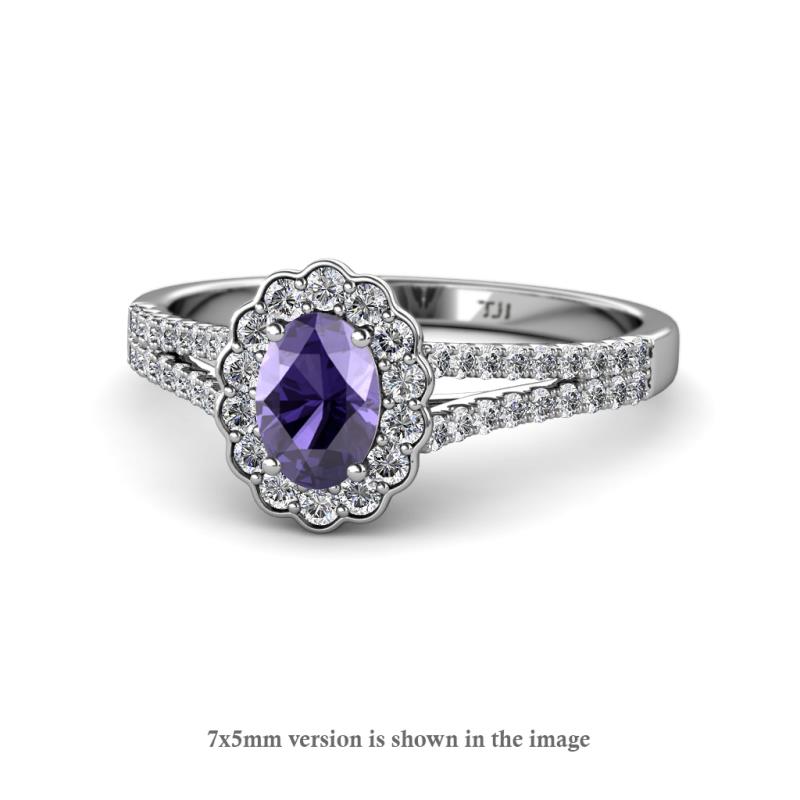 Raisa Desire Oval Shape Iolite and Round Diamond Halo Engagement Ring 