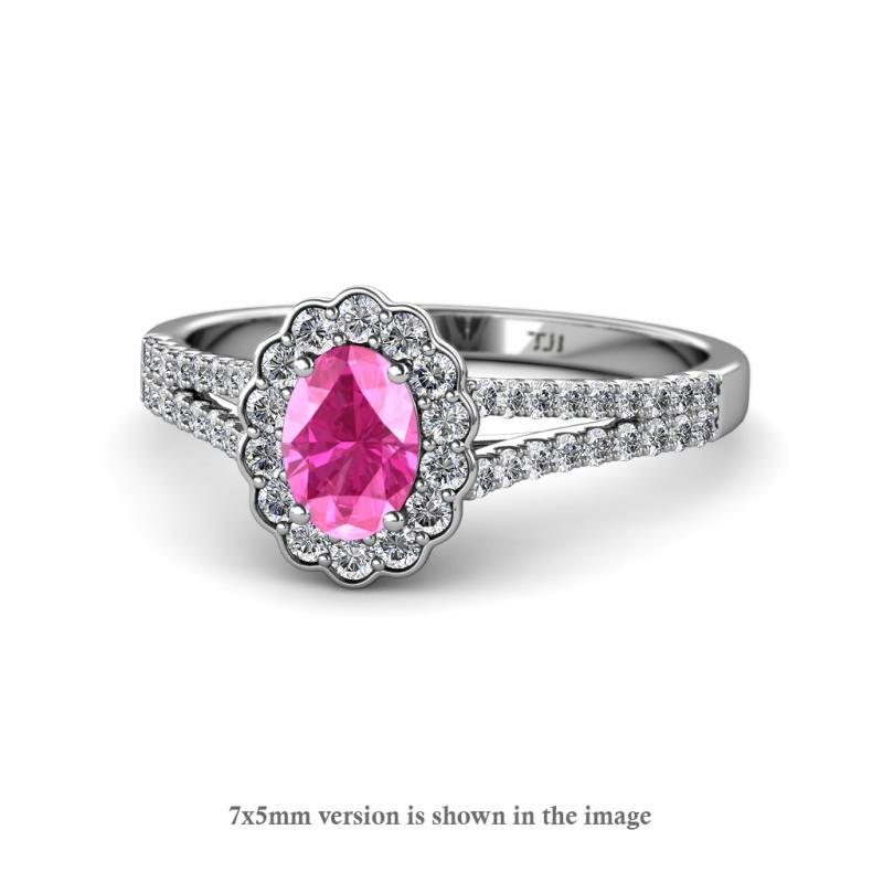 Raisa Desire Oval Shape Pink Sapphire and Round Lab Grown Diamond Halo Engagement Ring 