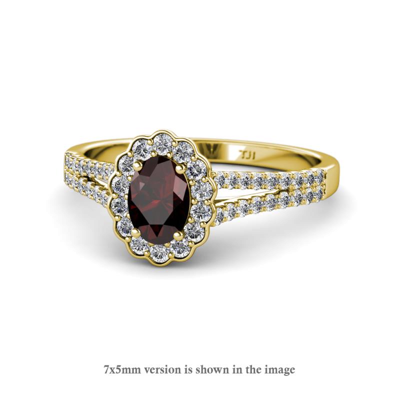 Raisa Desire Oval Shape Red Garnet and Round Lab Grown Diamond Halo Engagement Ring 