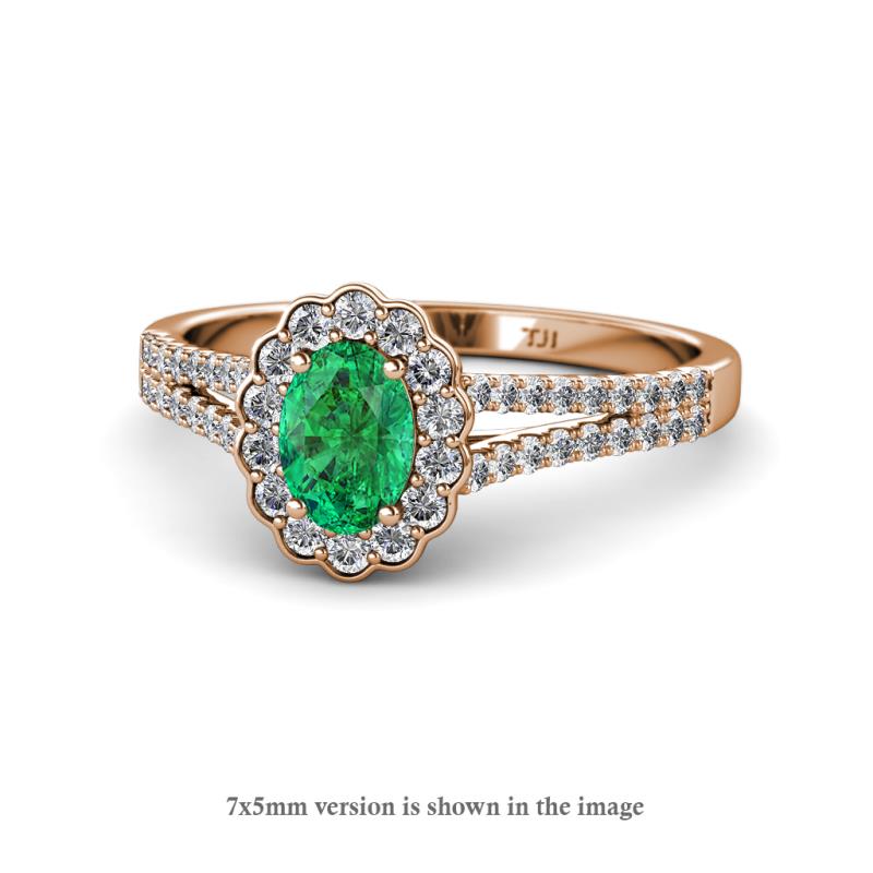 Raisa Desire Oval Shape Emerald and Round Lab Grown Diamond Halo Engagement Ring 