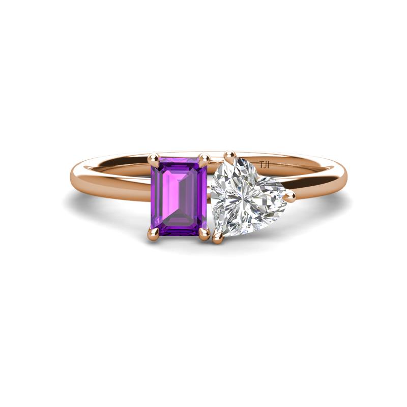 Esther GIA Certified Heart Shape Diamond & Emerald Shape Amethyst 2 Stone Duo Ring 
