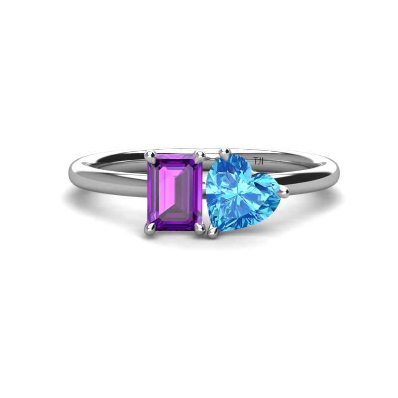 Esther Emerald Shape Amethyst & Heart Shape Blue Topaz 2 Stone Duo Ring 