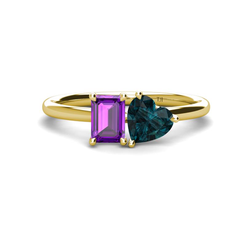 Esther Emerald Shape Amethyst & Heart Shape London Blue Topaz 2 Stone Duo Ring 