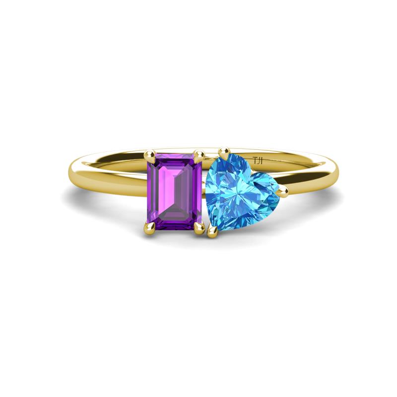 Esther Emerald Shape Amethyst & Heart Shape Blue Topaz 2 Stone Duo Ring 