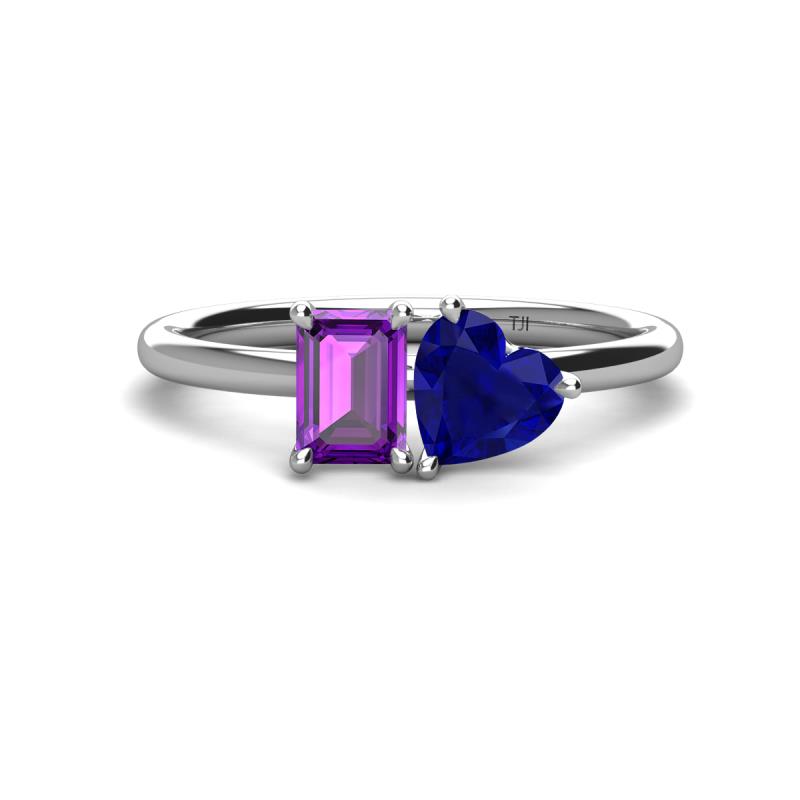 Esther Emerald Shape Amethyst & Heart Shape Lab Created Blue Sapphire 2 Stone Duo Ring 