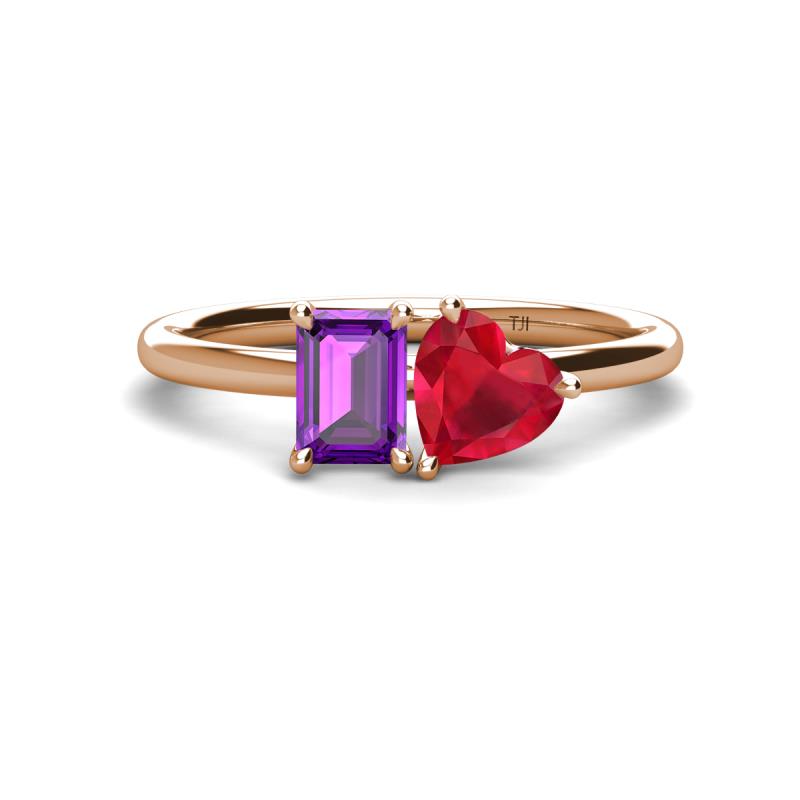 Esther Emerald Shape Amethyst & Heart Shape Lab Created Ruby 2 Stone Duo Ring 