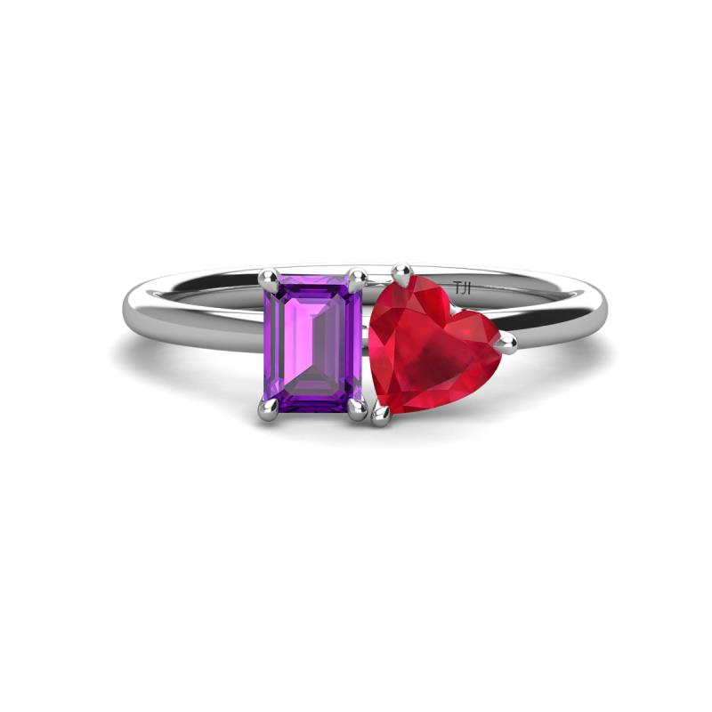 Esther Emerald Shape Amethyst & Heart Shape Lab Created Ruby 2 Stone Duo Ring 