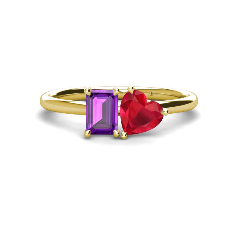 Esther Emerald Shape Amethyst & Heart Shape Lab Created Ruby 2 Stone Duo Ring 