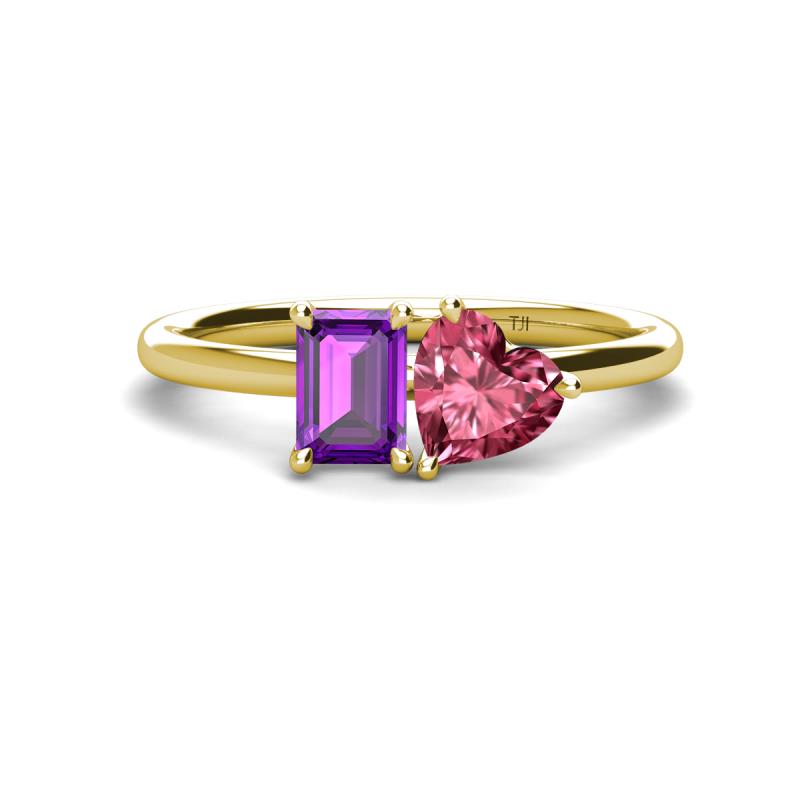 Esther Emerald Shape Amethyst & Heart Shape Pink Tourmaline 2 Stone Duo Ring 