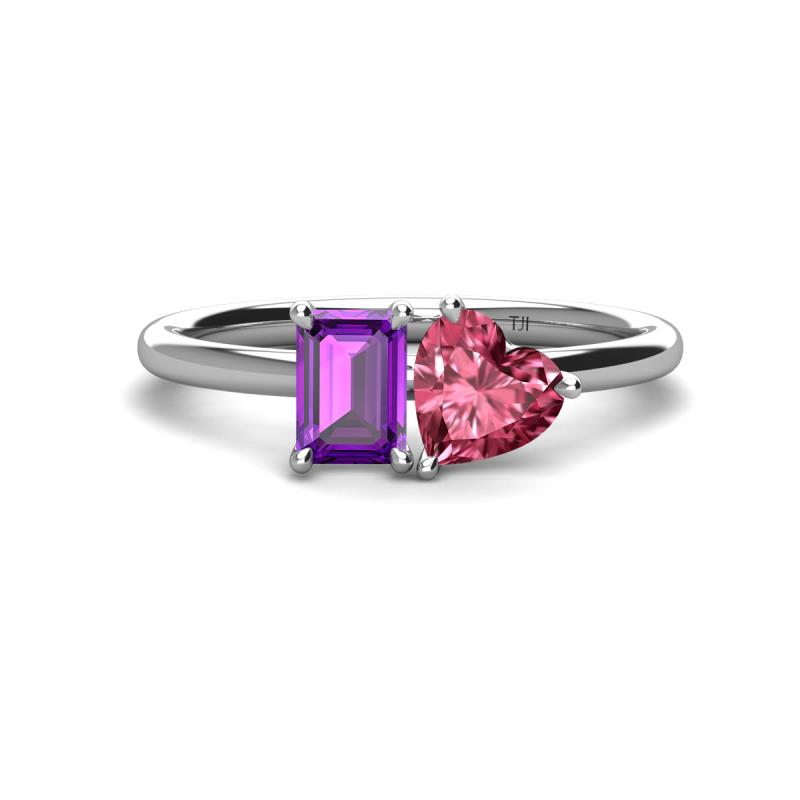 Esther Emerald Shape Amethyst & Heart Shape Pink Tourmaline 2 Stone Duo Ring 