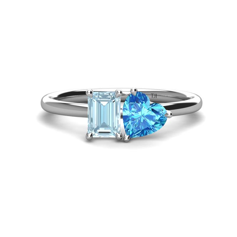 Esther Emerald Shape Aquamarine & Heart Shape Blue Topaz 2 Stone Duo Ring 