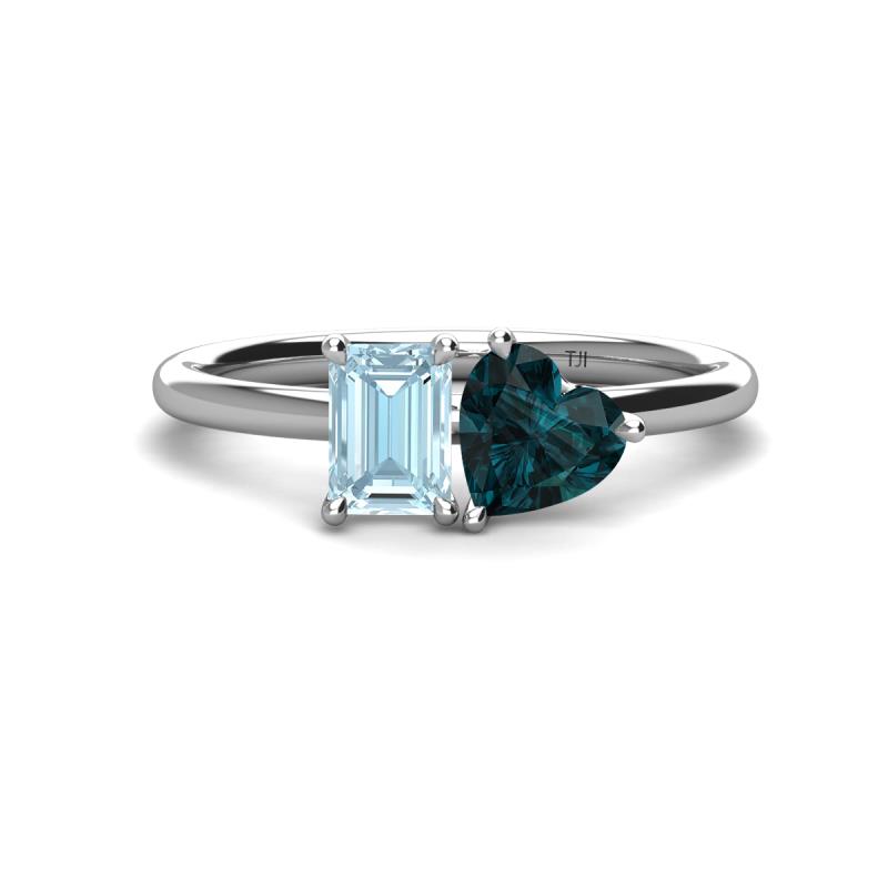 Esther Emerald Shape Aquamarine & Heart Shape London Blue Topaz 2 Stone Duo Ring 