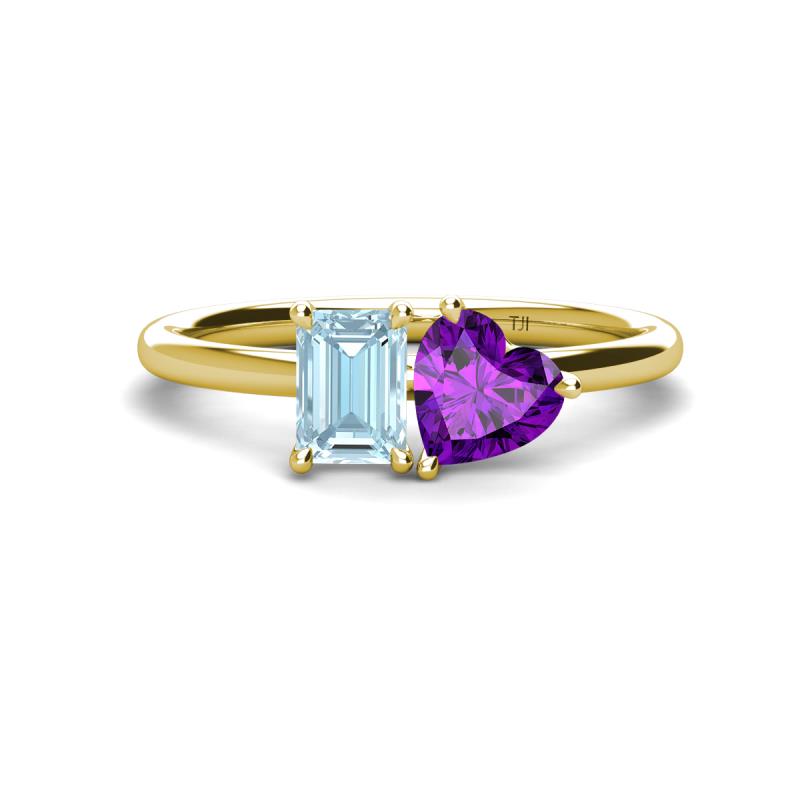 Esther Emerald Shape Aquamarine & Heart Shape Amethyst 2 Stone Duo Ring 