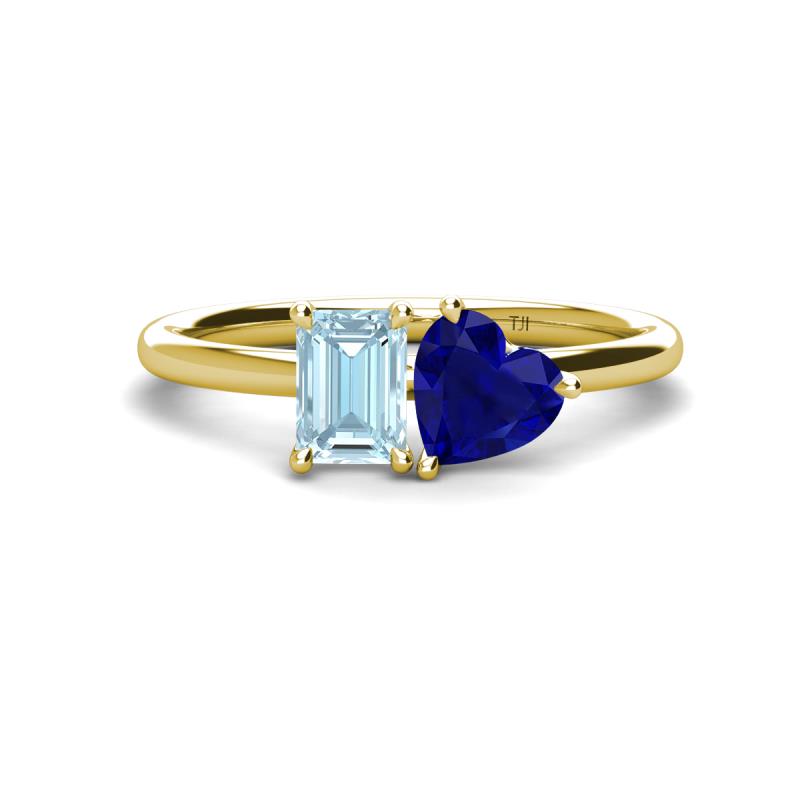 Esther Emerald Shape Aquamarine & Heart Shape Lab Created Blue Sapphire 2 Stone Duo Ring 