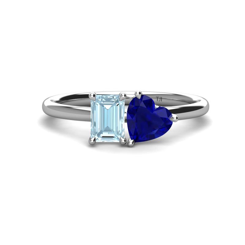 Esther Emerald Shape Aquamarine & Heart Shape Lab Created Blue Sapphire 2 Stone Duo Ring 
