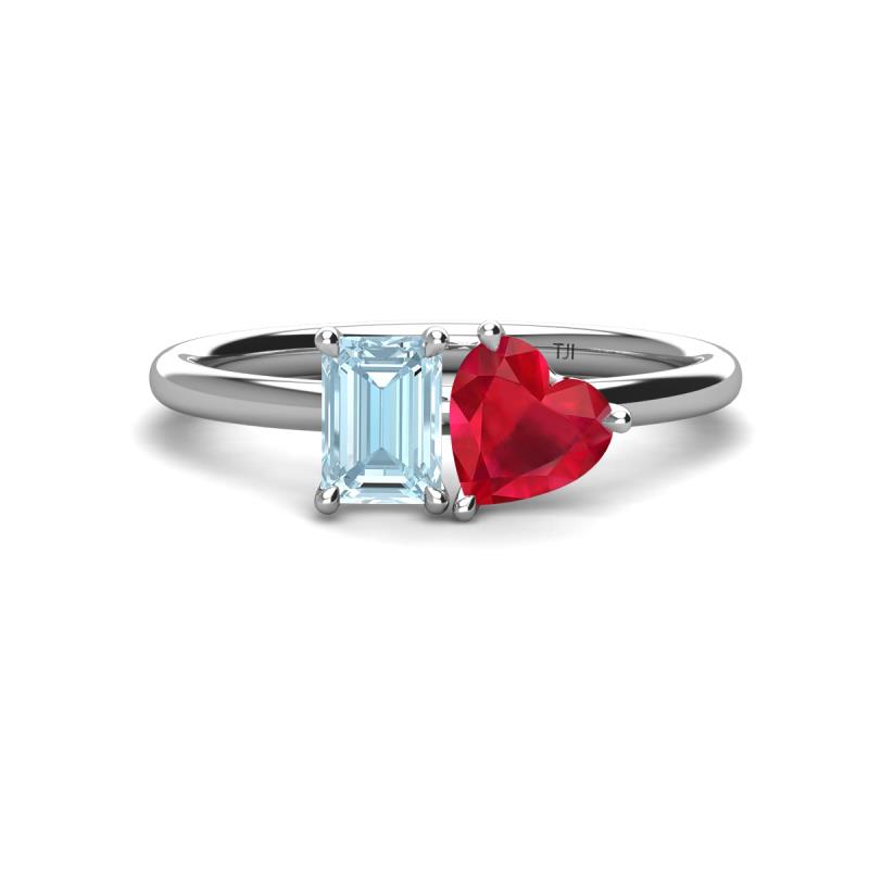 Esther Emerald Shape Aquamarine & Heart Shape Lab Created Ruby 2 Stone Duo Ring 