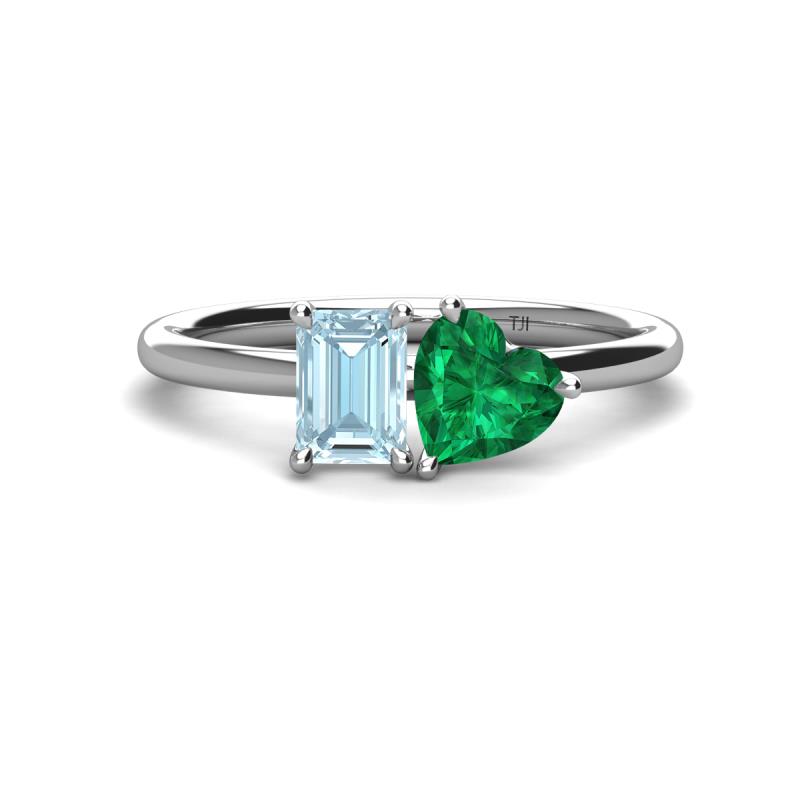 Esther Emerald Shape Aquamarine & Heart Shape Lab Created Emerald 2 Stone Duo Ring 