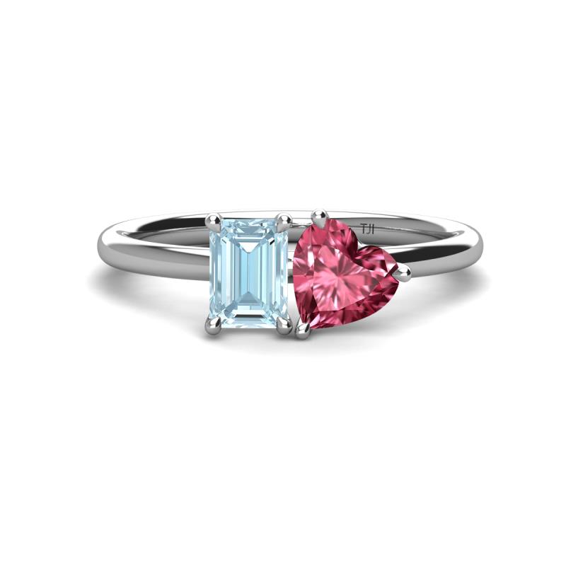 Esther Emerald Shape Aquamarine & Heart Shape Pink Tourmaline 2 Stone Duo Ring 