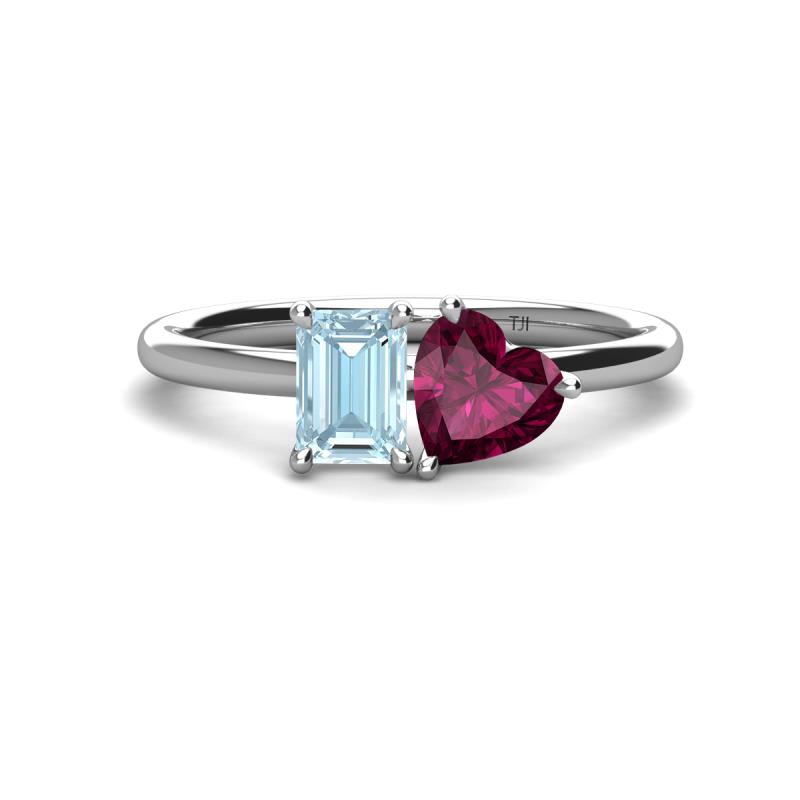 Esther Emerald Shape Aquamarine & Heart Shape Rhodolite Garnet 2 Stone Duo Ring 