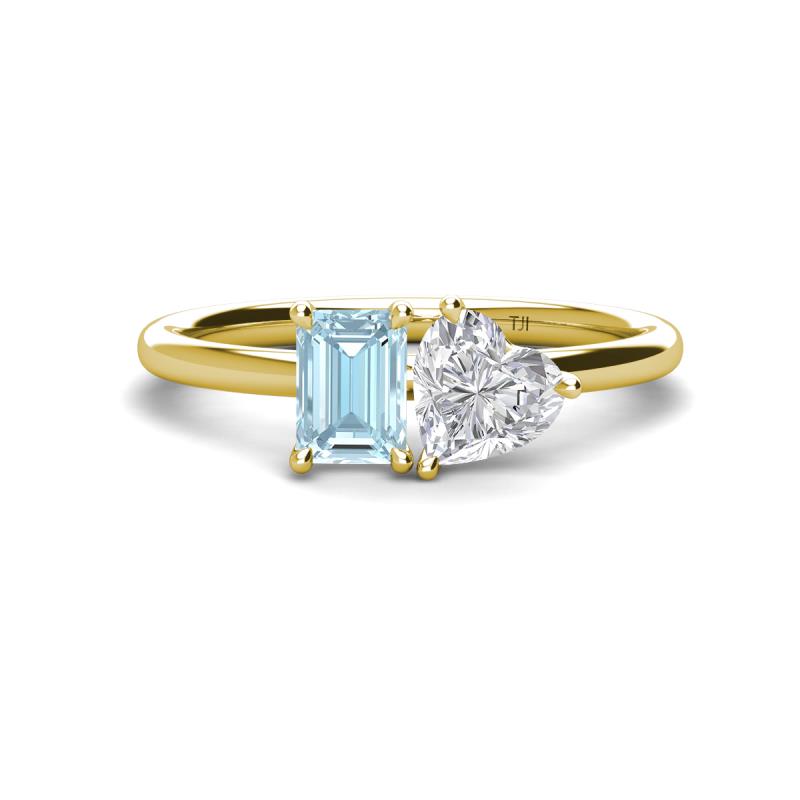 Esther Emerald Shape Aquamarine & Heart Shape White Sapphire 2 Stone Duo Ring 